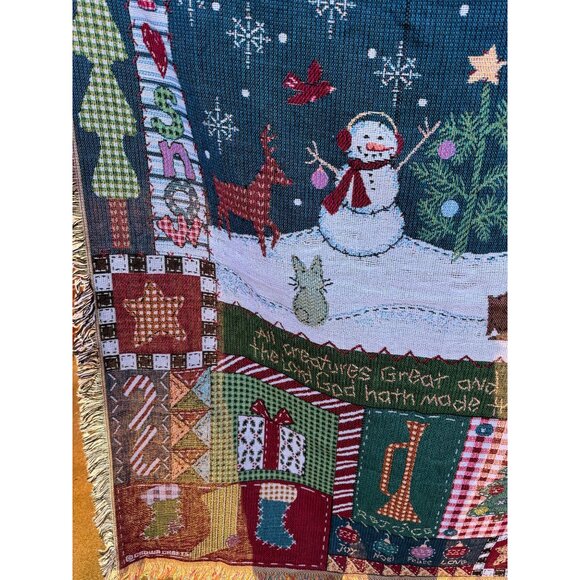 Christmas Tapestry Throw Blanket Snowman Forest Animals Farmhouse Lodge 50x48 - Picture 7 of 8
